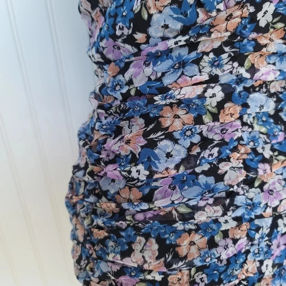 Allison & Kelly Dress Womens Blue Floral Short Slv Keyhole Mesh Rutched Ruffle M - Picture 16 of 16